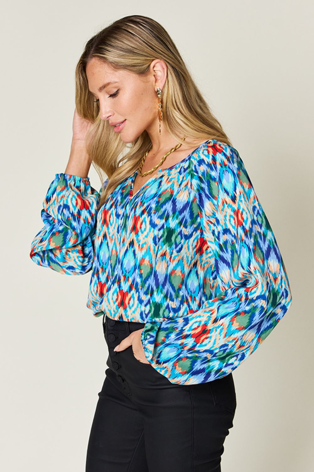 Double Take Full Size Printed Balloon Sleeve Blouse - Jaazi Intl