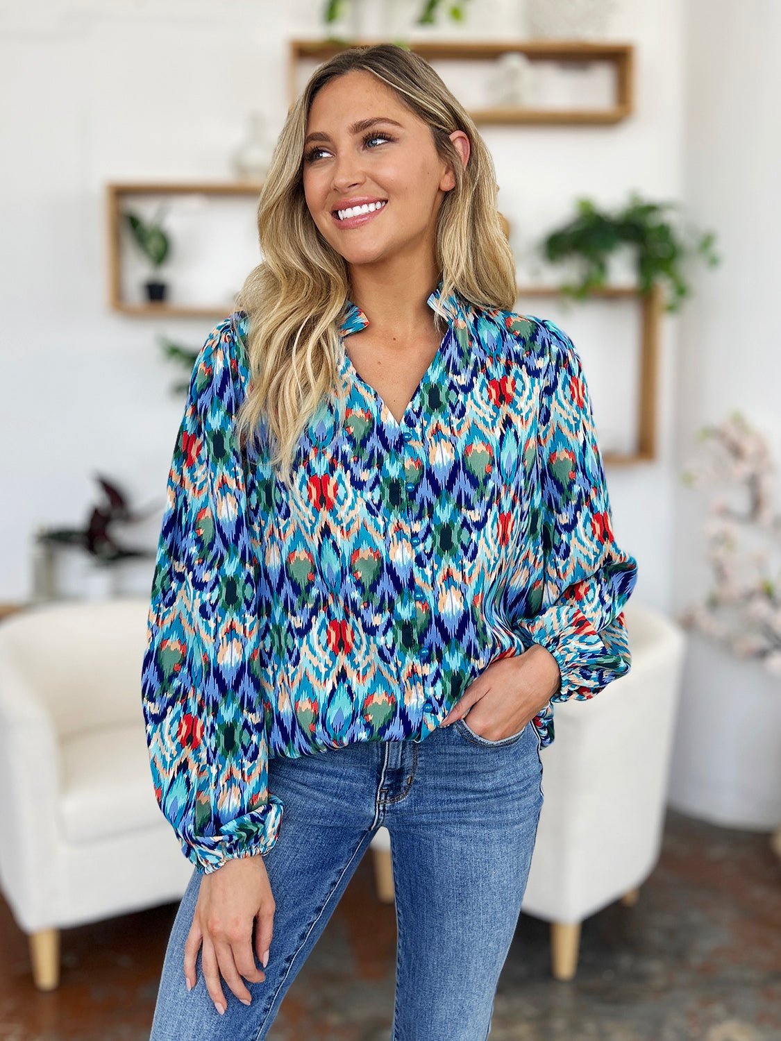 Double Take Full Size Printed Balloon Sleeve Blouse - Jaazi Intl