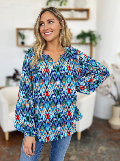 Double Take Full Size Printed Balloon Sleeve Blouse - Jaazi Intl