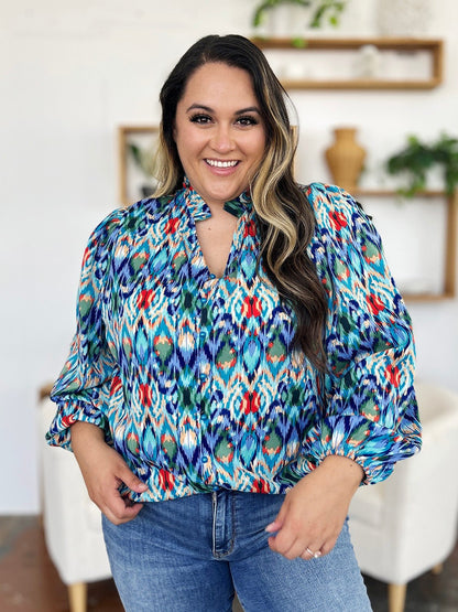 Double Take Full Size Printed Balloon Sleeve Blouse - Jaazi Intl