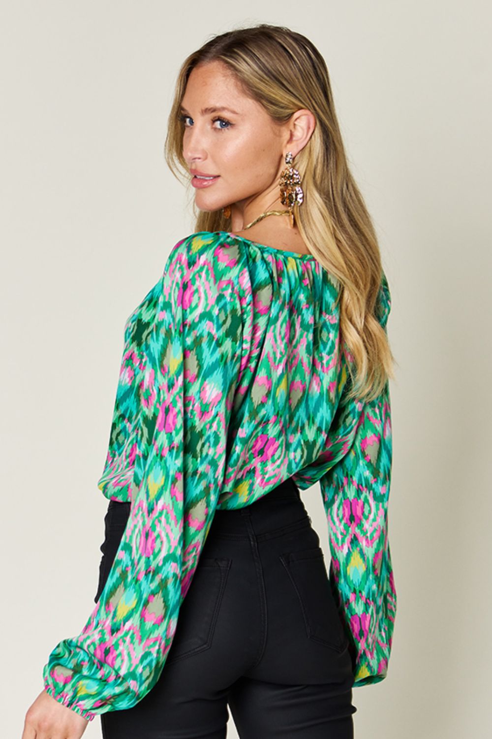 Double Take Full Size Printed Balloon Sleeve Blouse - Jaazi Intl