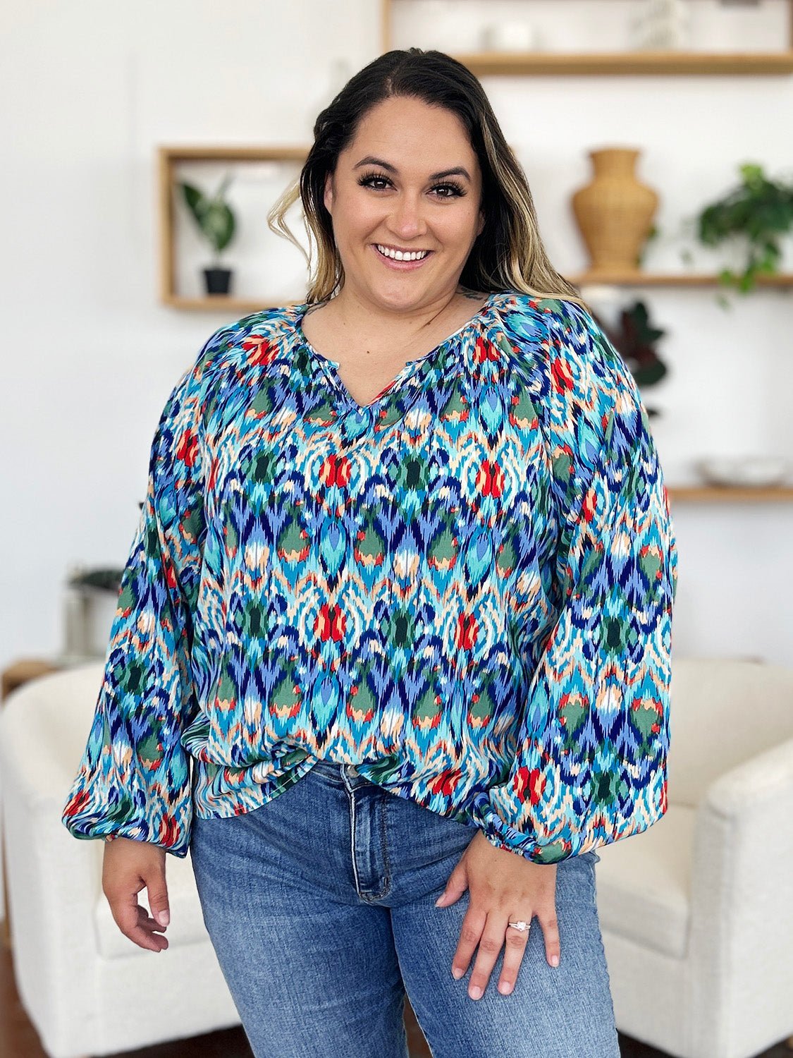 Double Take Full Size Printed Balloon Sleeve Blouse - Jaazi Intl