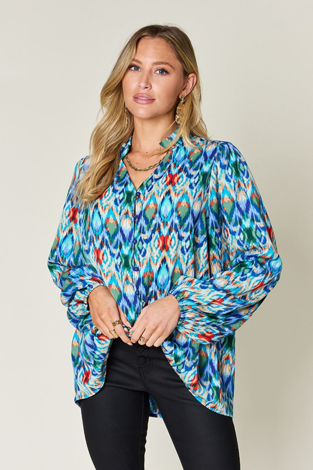 Double Take Full Size Printed Balloon Sleeve Blouse - Jaazi Intl