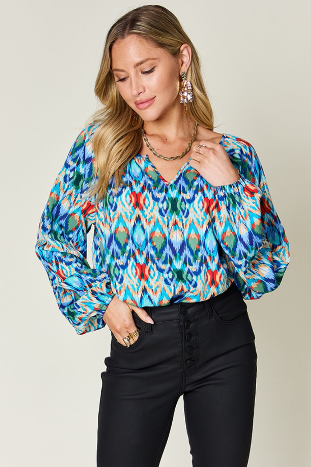 Double Take Full Size Printed Balloon Sleeve Blouse - Jaazi Intl