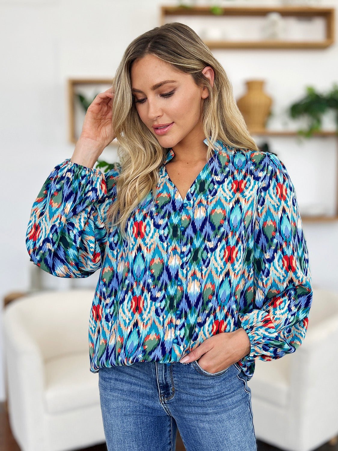 Double Take Full Size Printed Balloon Sleeve Blouse - Jaazi Intl