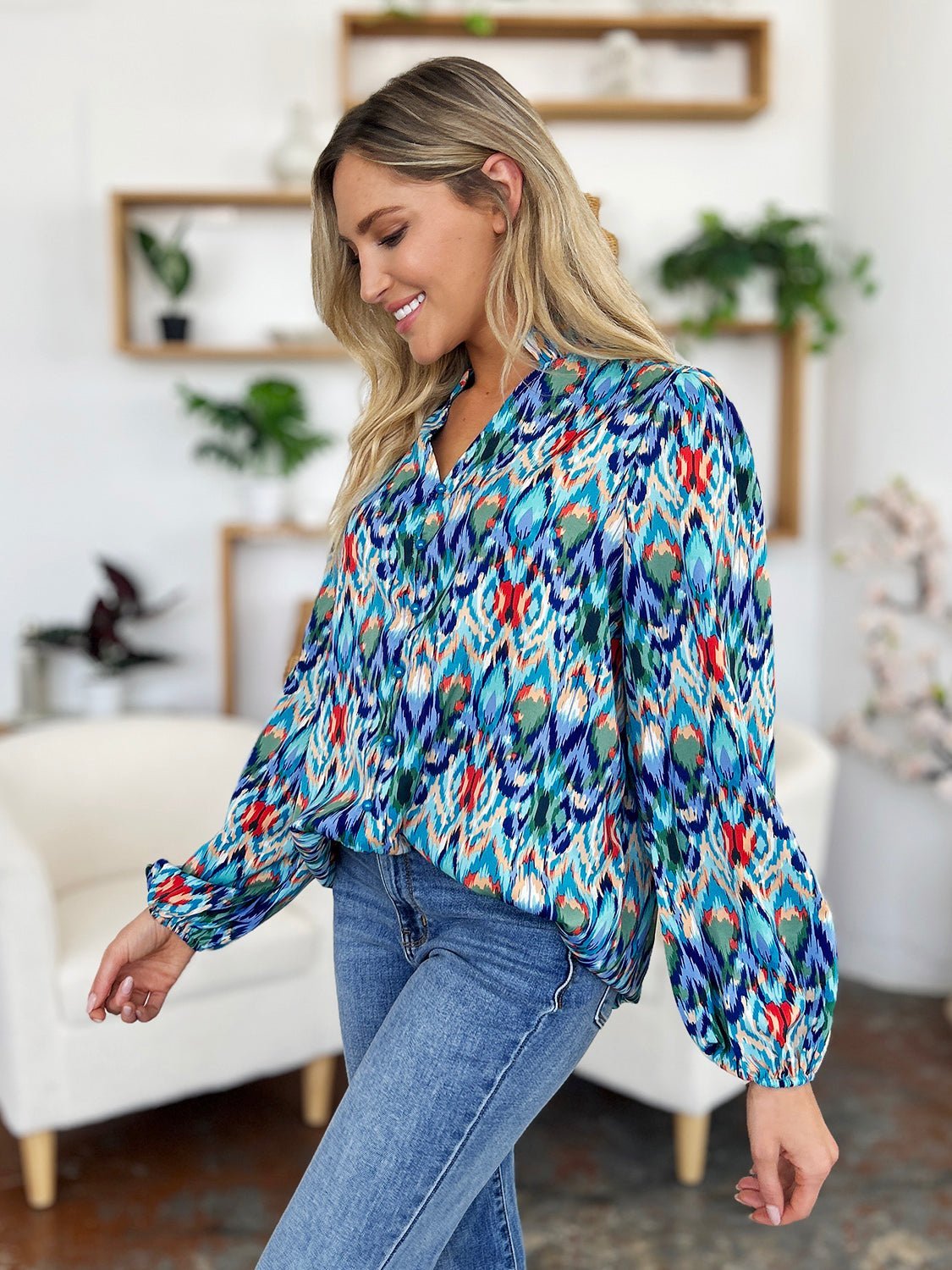 Double Take Full Size Printed Balloon Sleeve Blouse - Jaazi Intl