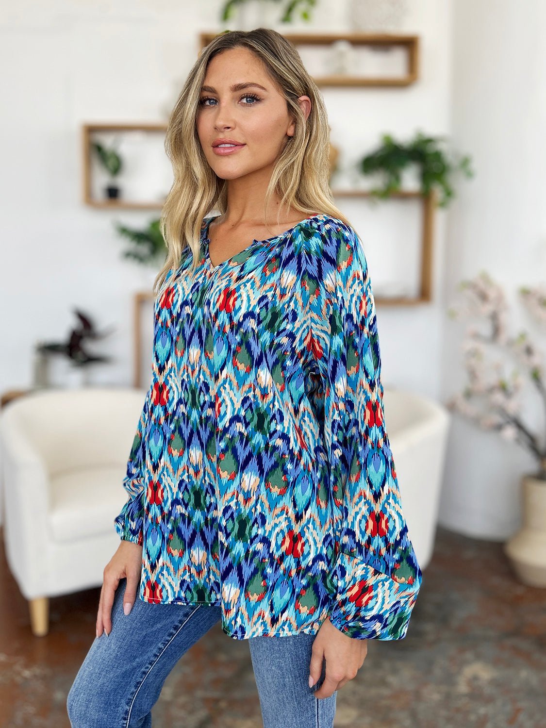 Double Take Full Size Printed Balloon Sleeve Blouse - Jaazi Intl