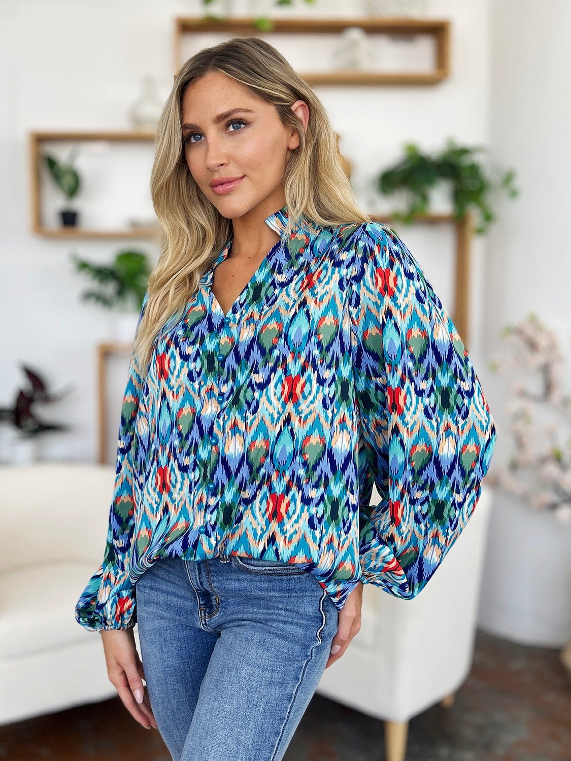 Double Take Full Size Printed Balloon Sleeve Blouse - Jaazi Intl