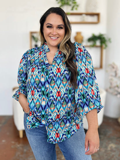 Double Take Full Size Printed Balloon Sleeve Blouse - Jaazi Intl