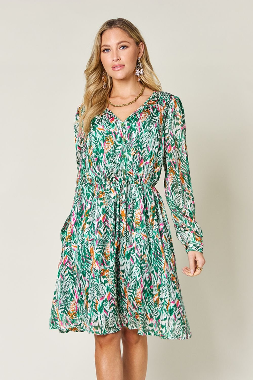 Double Take Full Size Printed Drawstring Waist Long Sleeve Dress - Jaazi Intl