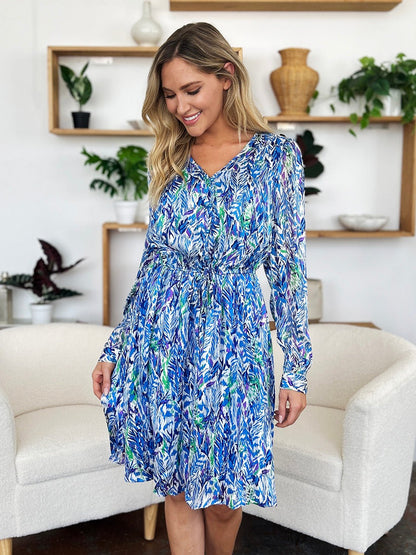 Double Take Full Size Printed Drawstring Waist Long Sleeve Dress - Jaazi Intl