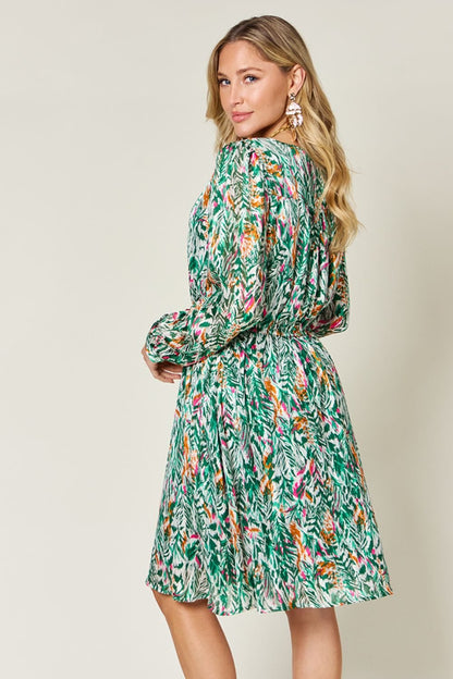 Double Take Full Size Printed Drawstring Waist Long Sleeve Dress - Jaazi Intl