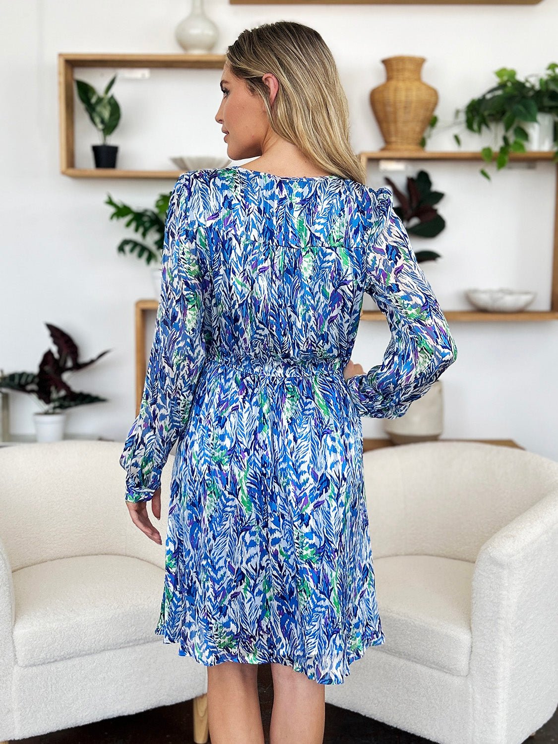 Double Take Full Size Printed Drawstring Waist Long Sleeve Dress - Jaazi Intl