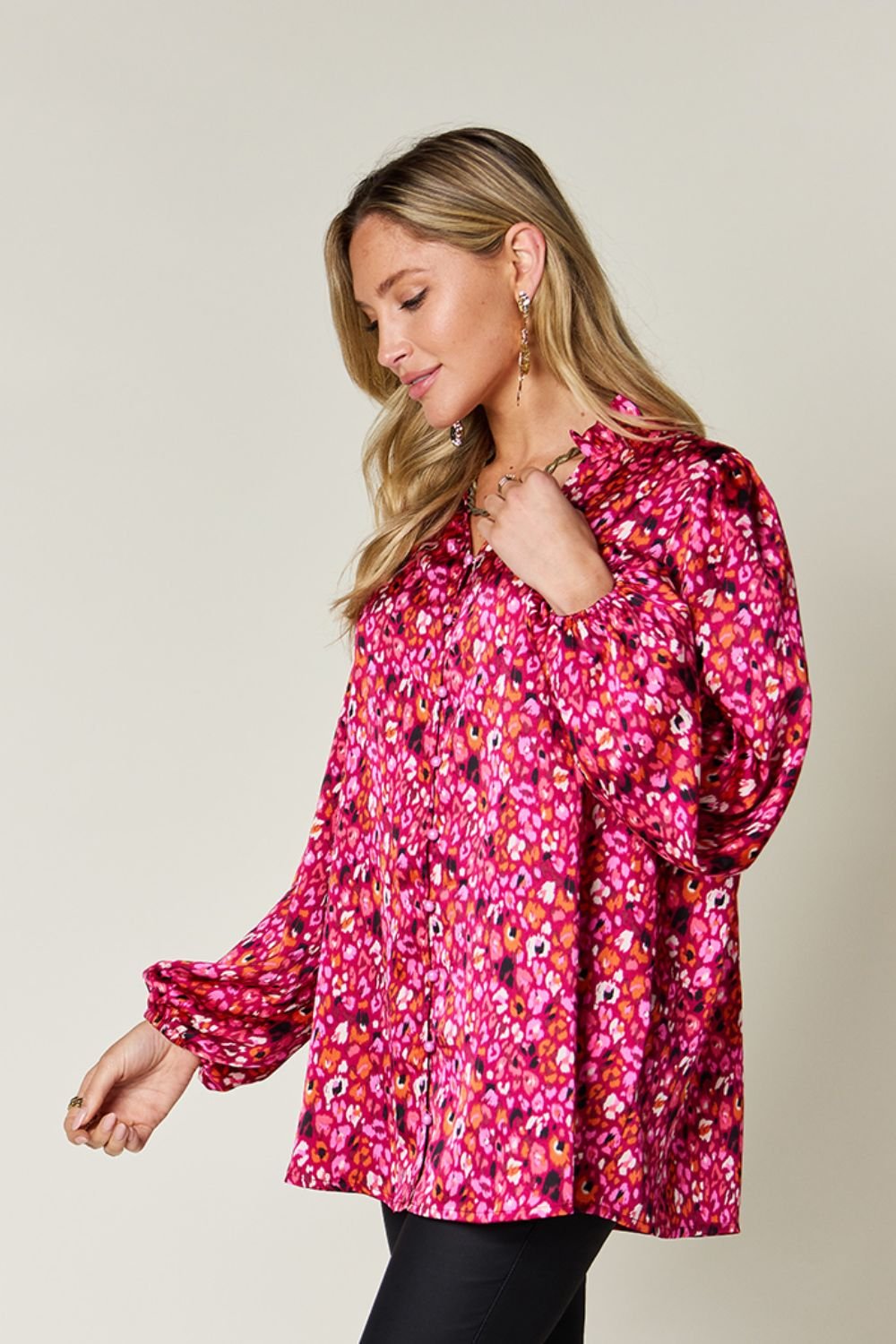 Double Take Full Size Printed Long Sleeve Blouse - Jaazi Intl