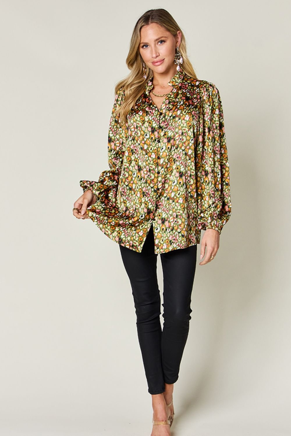 Double Take Full Size Printed Long Sleeve Blouse - Jaazi Intl