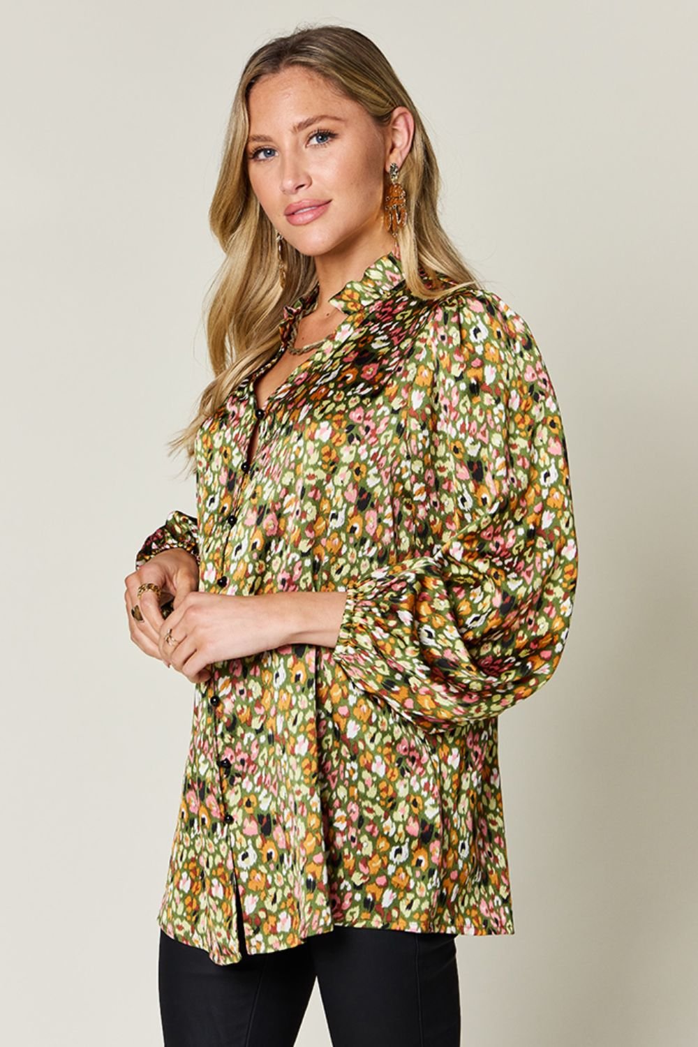 Double Take Full Size Printed Long Sleeve Blouse - Jaazi Intl