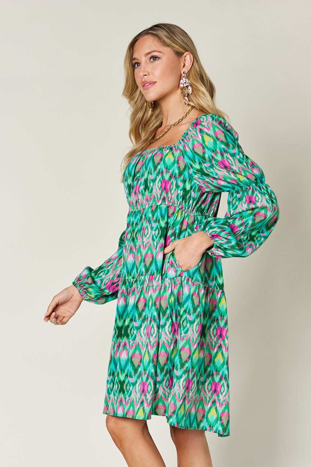 Double Take Full Size Printed Long Sleeve Dress - Jaazi Intl