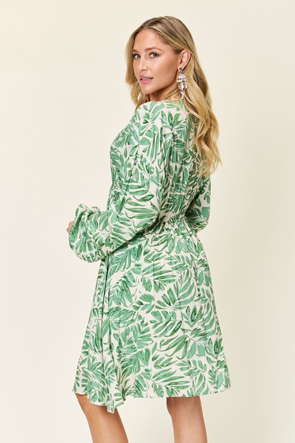 Double Take Full Size Printed Ruched Balloon Sleeve Dress - Jaazi Intl