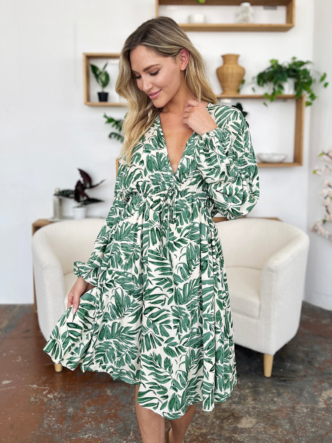 Double Take Full Size Printed Ruched Balloon Sleeve Dress - Jaazi Intl