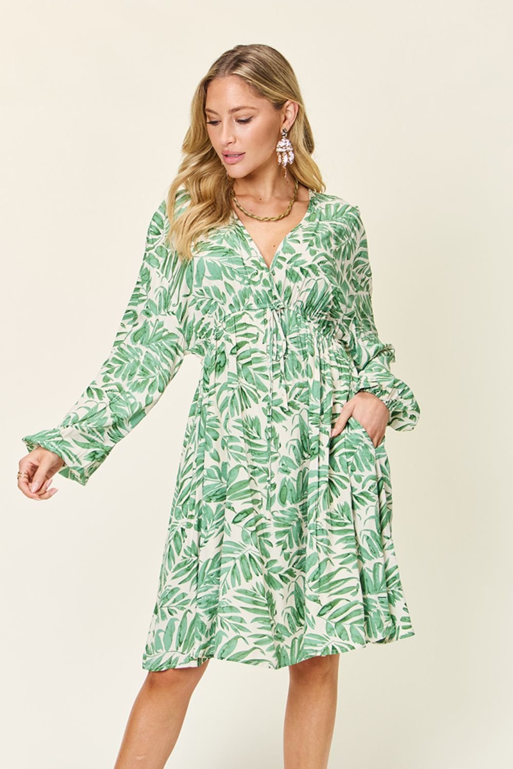 Double Take Full Size Printed Ruched Balloon Sleeve Dress - Jaazi Intl