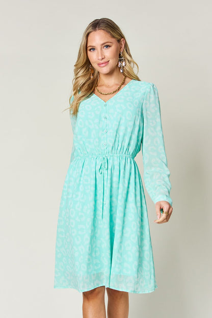 Double Take Full Size Printed Ruched V - Neck Long Sleeve Dress - Jaazi Intl