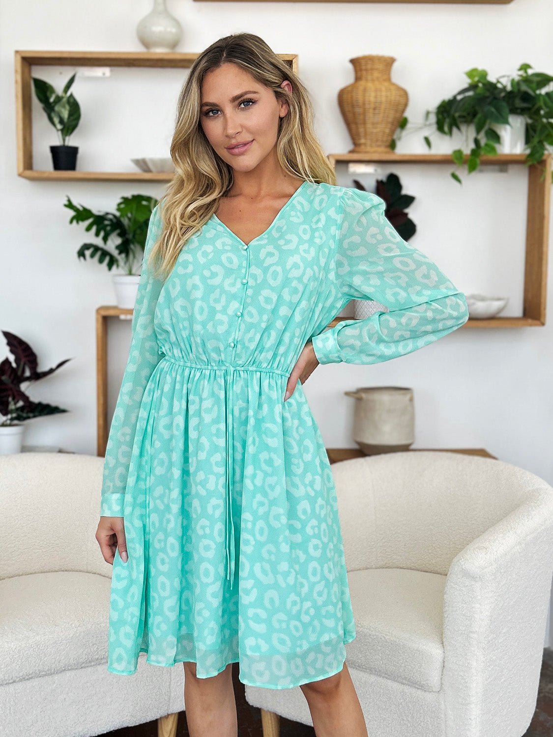 Double Take Full Size Printed Ruched V - Neck Long Sleeve Dress - Jaazi Intl