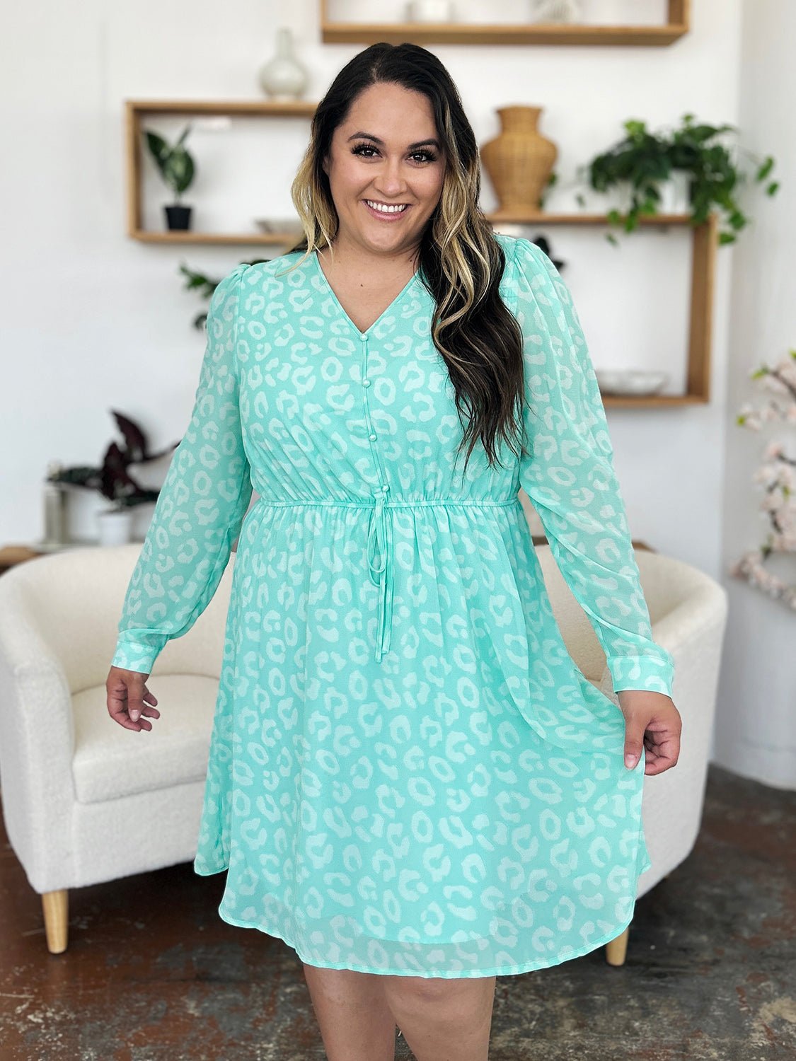 Double Take Full Size Printed Ruched V - Neck Long Sleeve Dress - Jaazi Intl