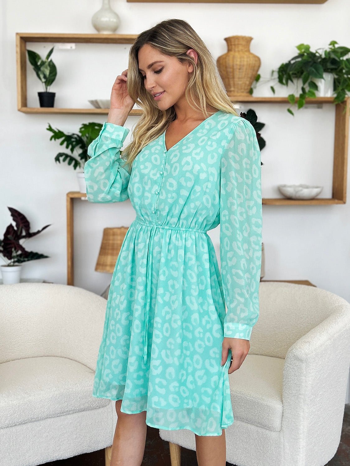 Double Take Full Size Printed Ruched V - Neck Long Sleeve Dress - Jaazi Intl