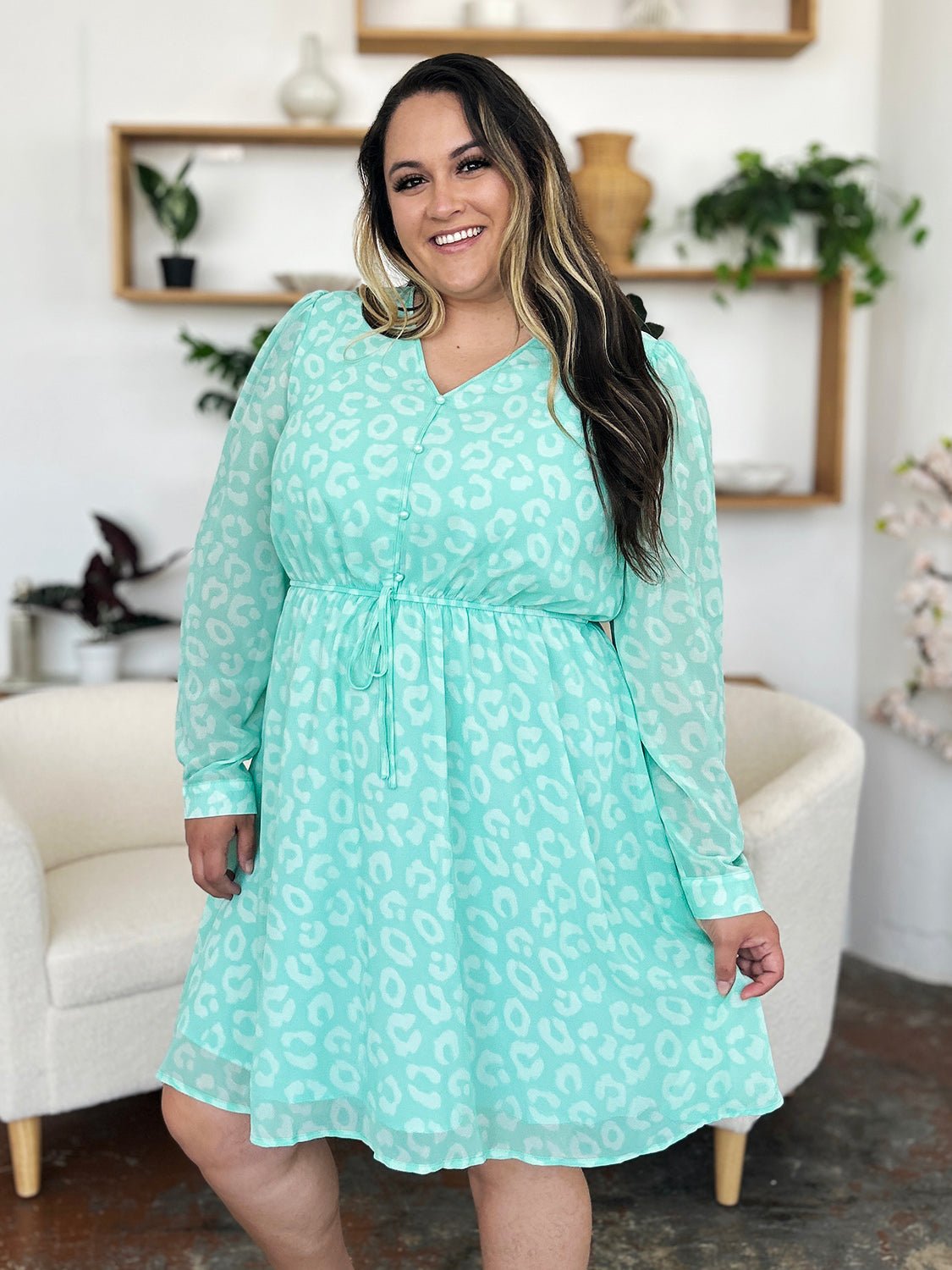 Double Take Full Size Printed Ruched V - Neck Long Sleeve Dress - Jaazi Intl