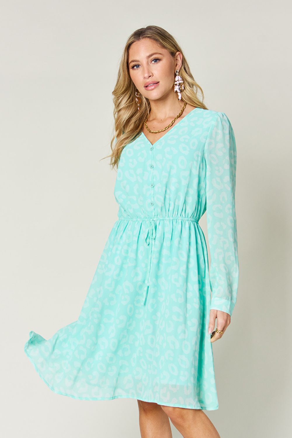 Double Take Full Size Printed Ruched V - Neck Long Sleeve Dress - Jaazi Intl