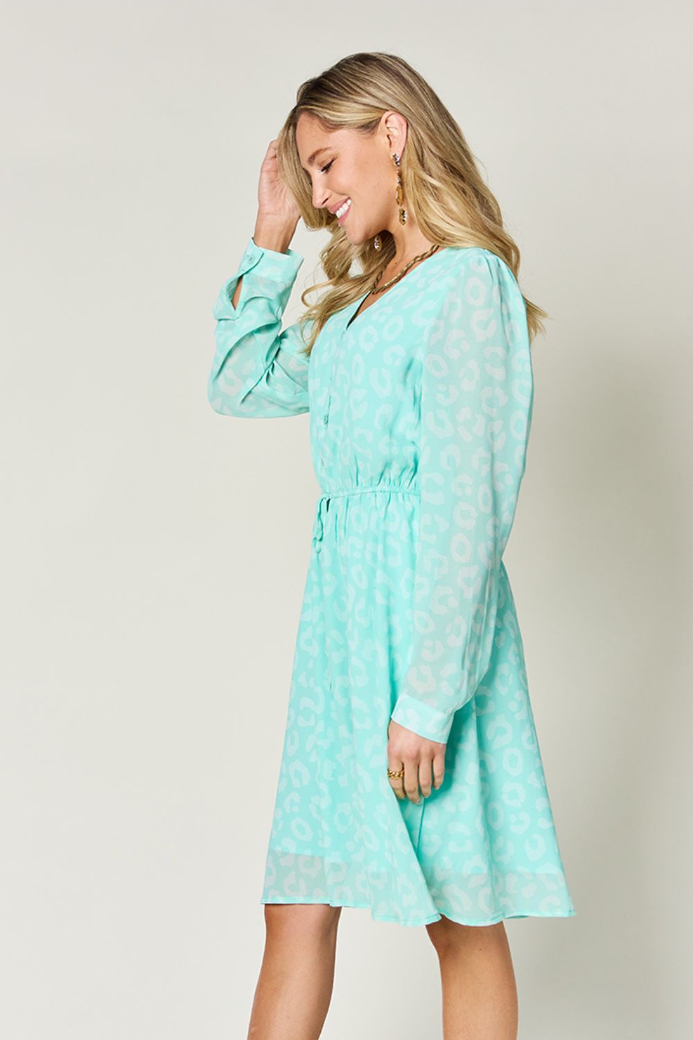 Double Take Full Size Printed Ruched V - Neck Long Sleeve Dress - Jaazi Intl