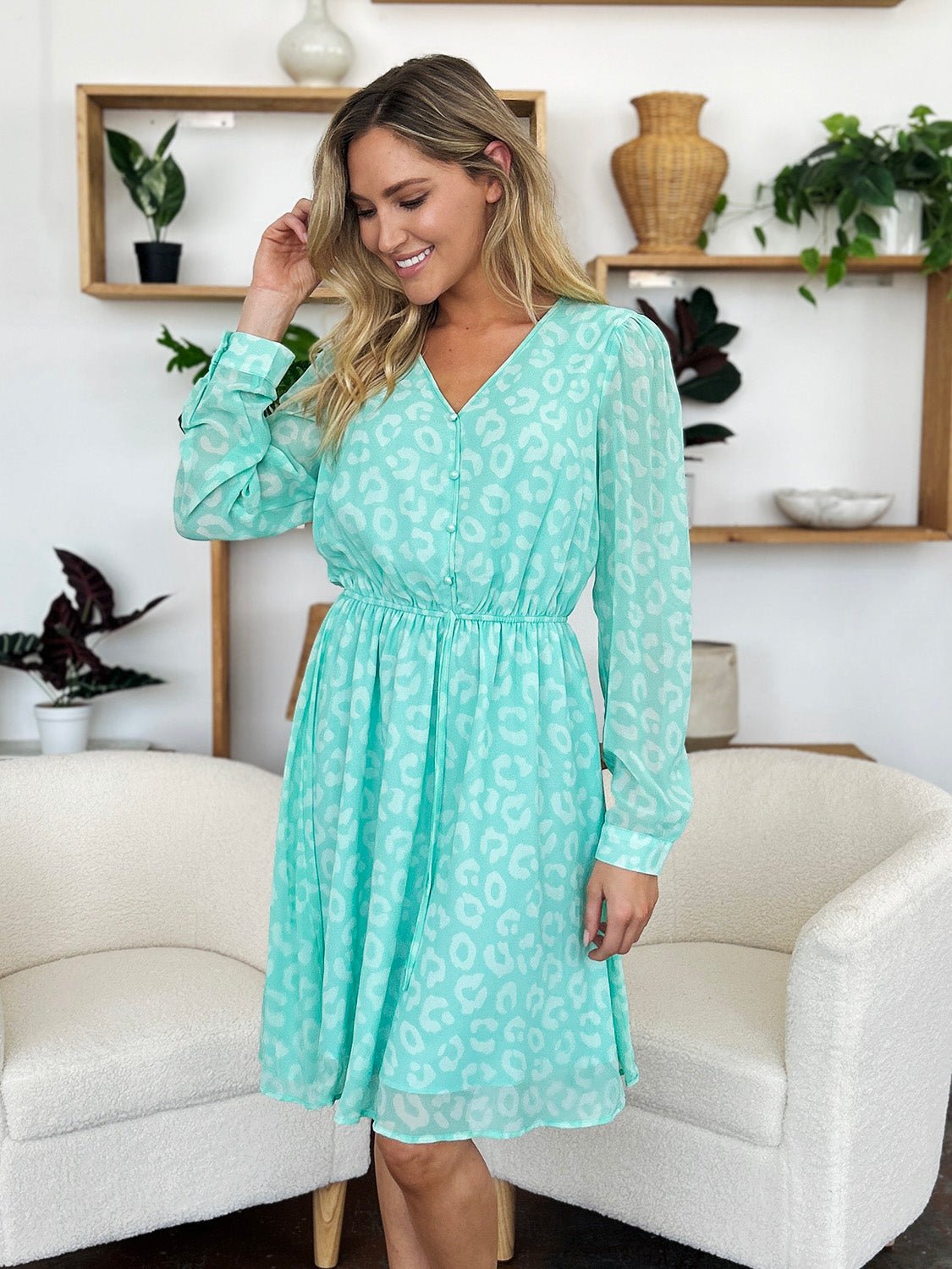 Double Take Full Size Printed Ruched V - Neck Long Sleeve Dress - Jaazi Intl