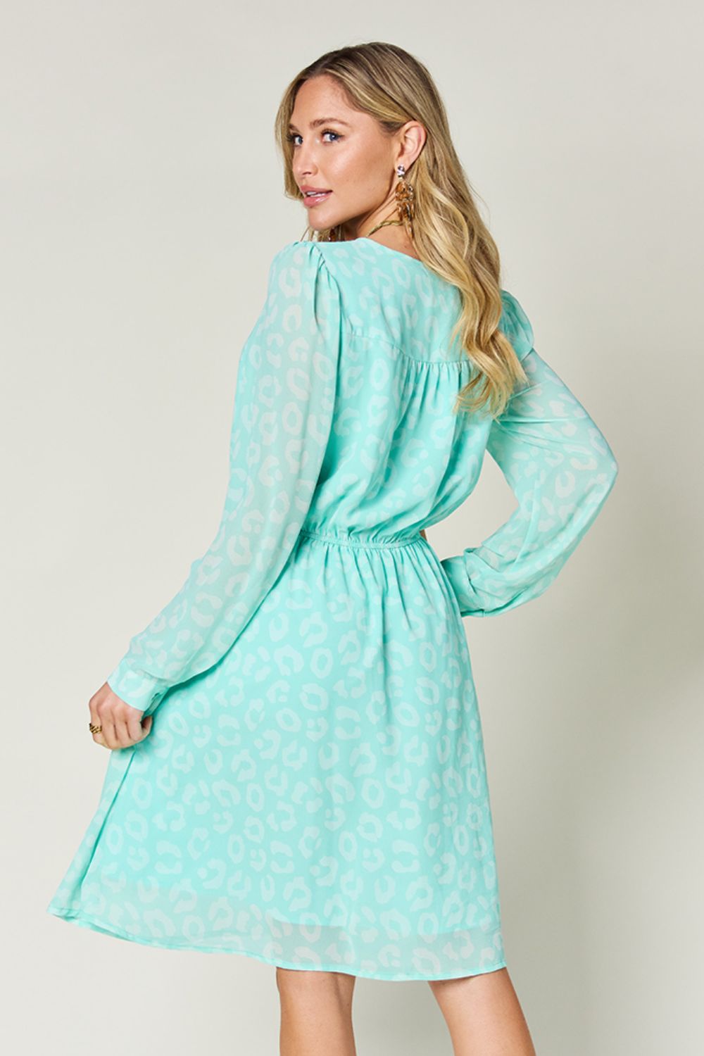 Double Take Full Size Printed Ruched V - Neck Long Sleeve Dress - Jaazi Intl