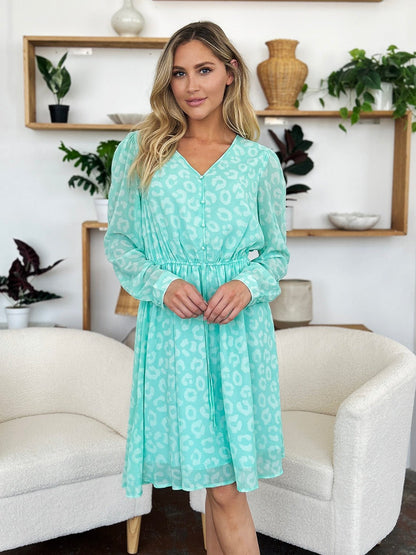 Double Take Full Size Printed Ruched V - Neck Long Sleeve Dress - Jaazi Intl