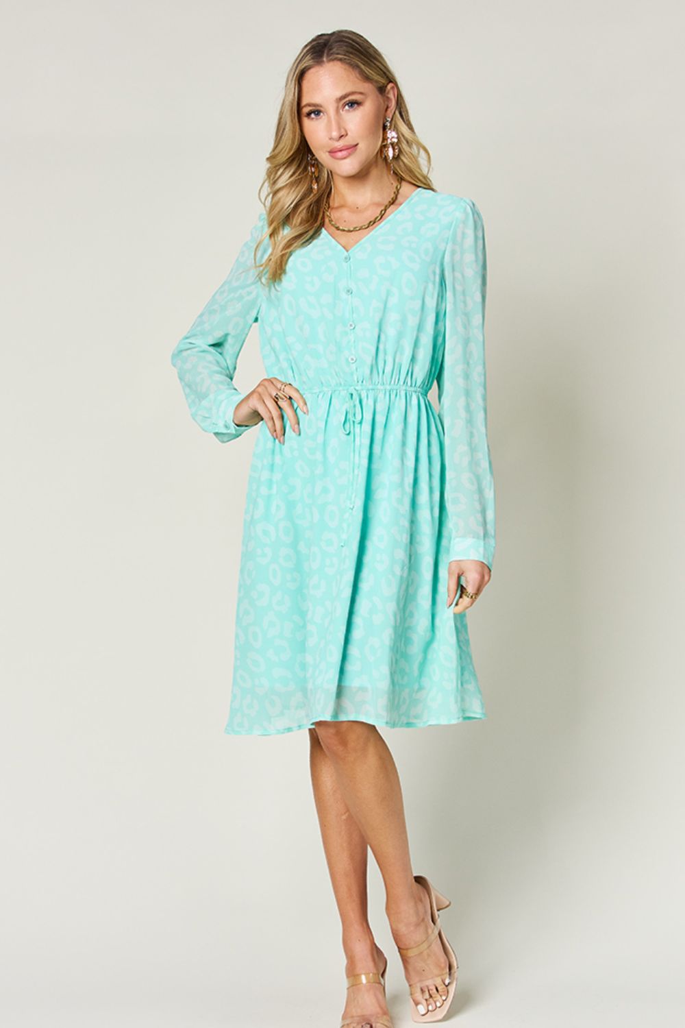 Double Take Full Size Printed Ruched V - Neck Long Sleeve Dress - Jaazi Intl