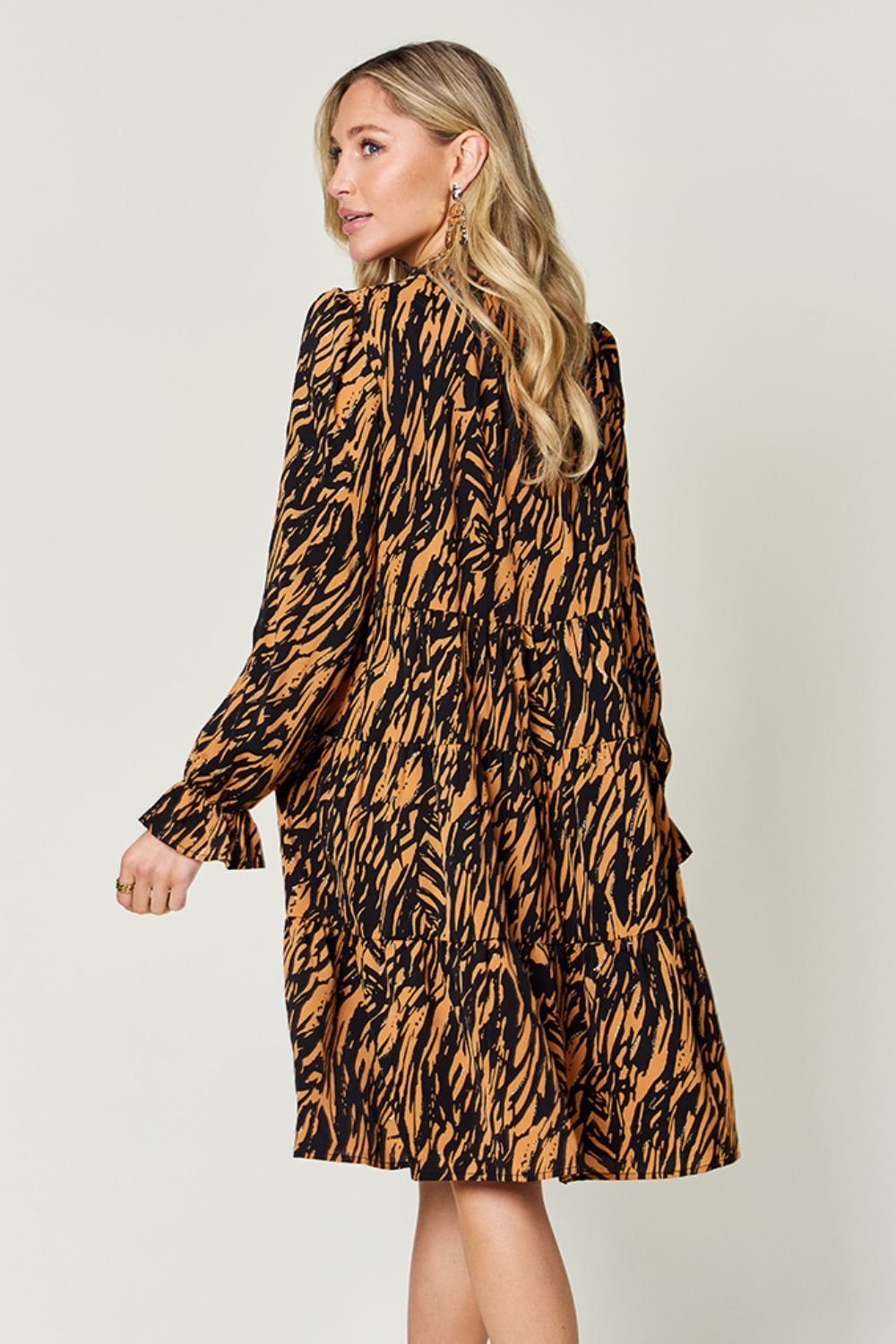 Double Take Full Size Printed Ruffle Hem Long Sleeve Dress - Jaazi Intl