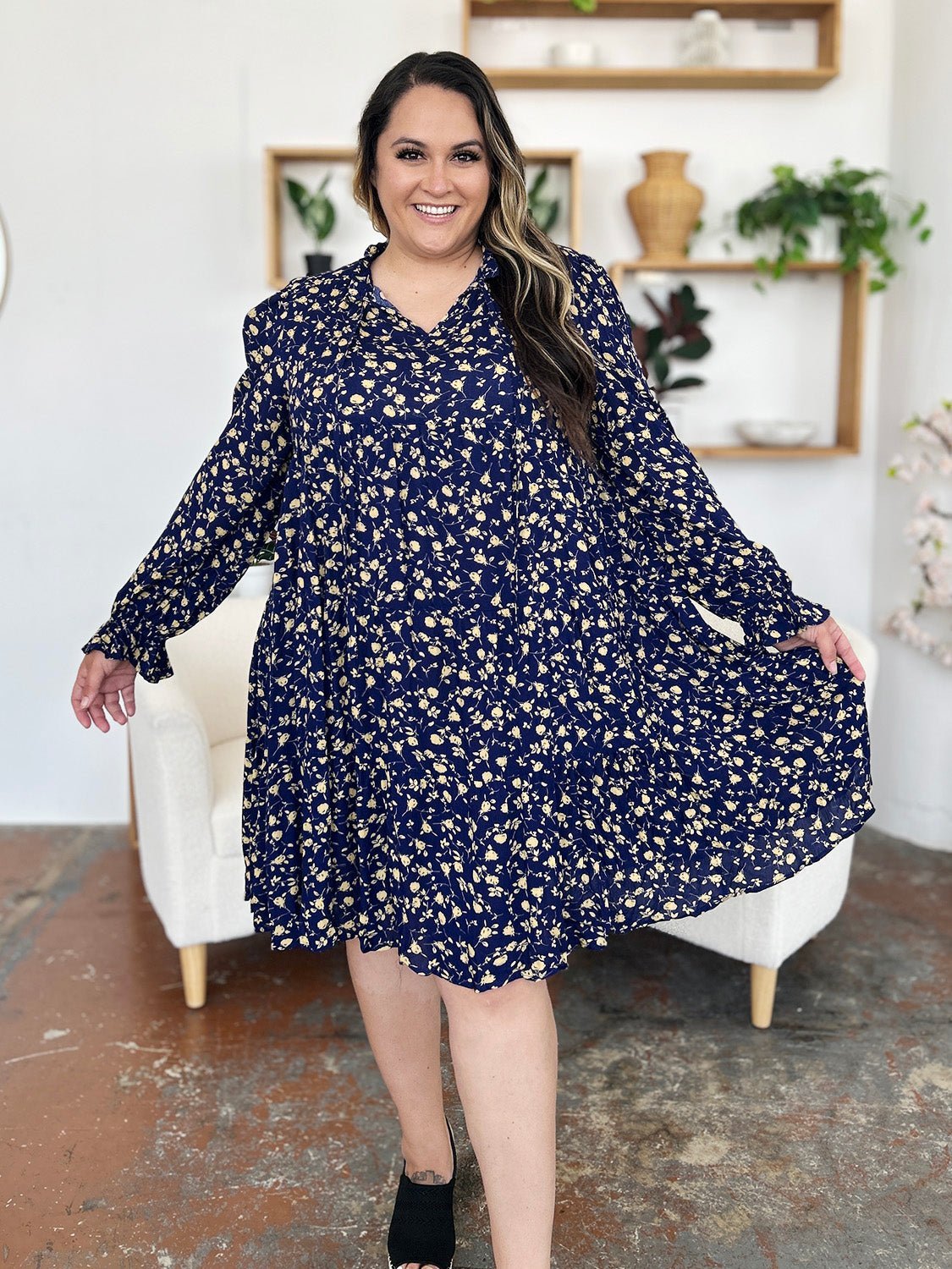 Double Take Full Size Printed Ruffle Hem Long Sleeve Dress - Jaazi Intl