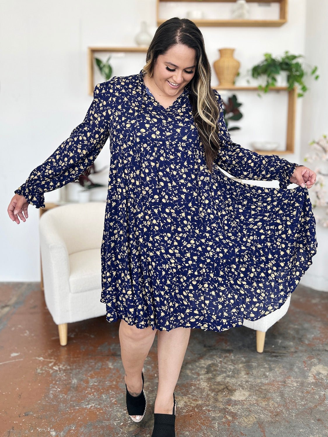 Double Take Full Size Printed Ruffle Hem Long Sleeve Dress - Jaazi Intl