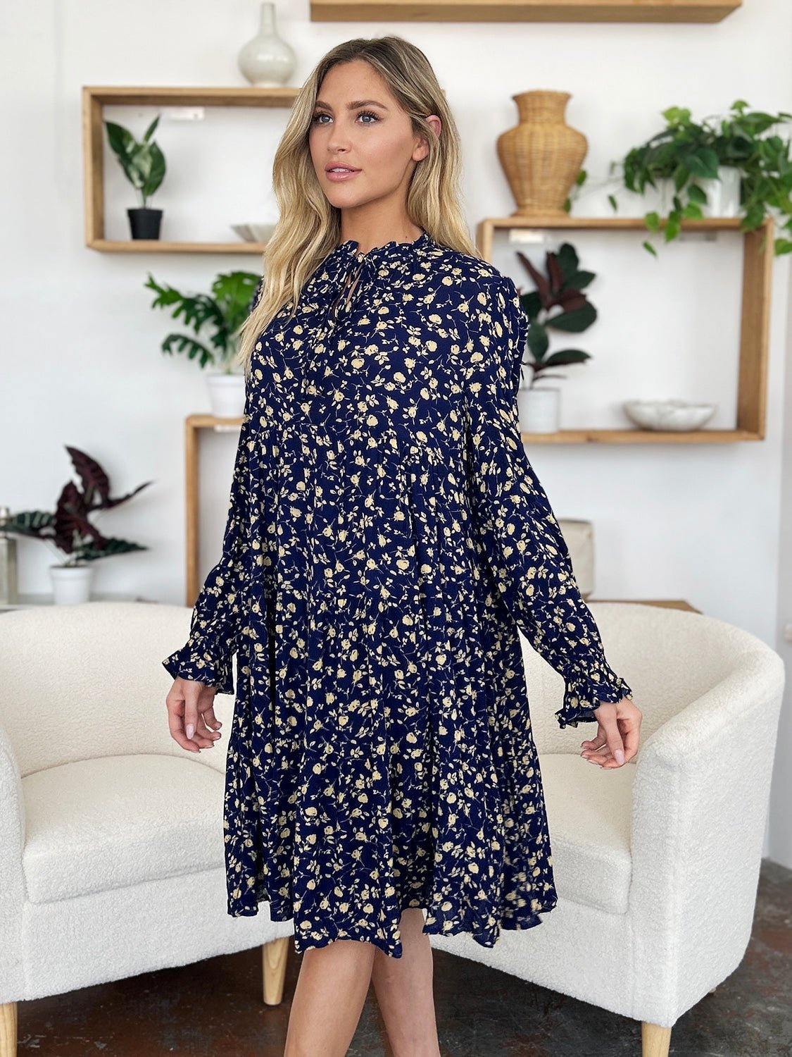 Double Take Full Size Printed Ruffle Hem Long Sleeve Dress - Jaazi Intl