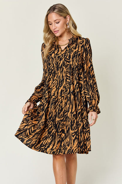 Double Take Full Size Printed Ruffle Hem Long Sleeve Dress - Jaazi Intl