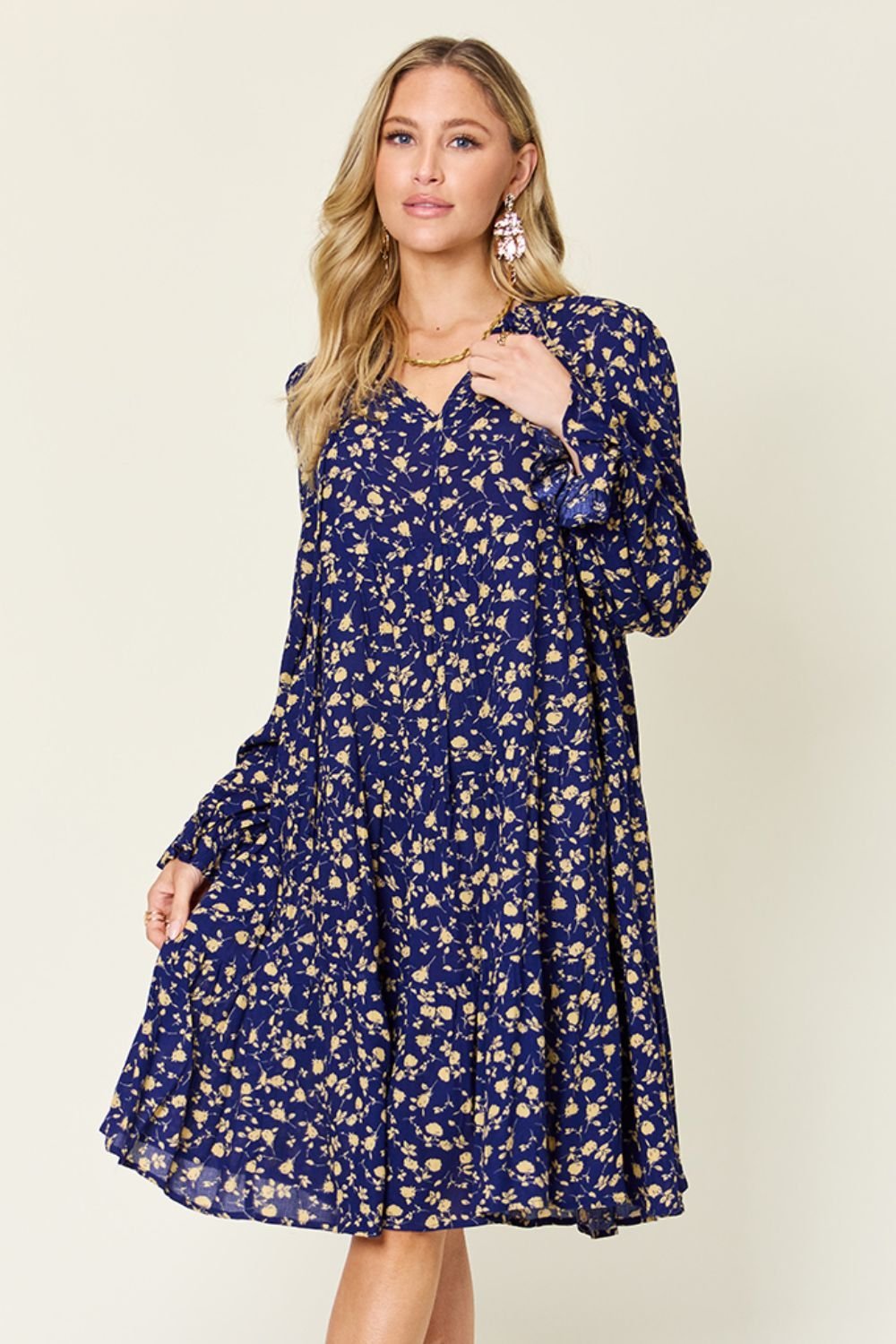 Double Take Full Size Printed Ruffle Hem Long Sleeve Dress - Jaazi Intl