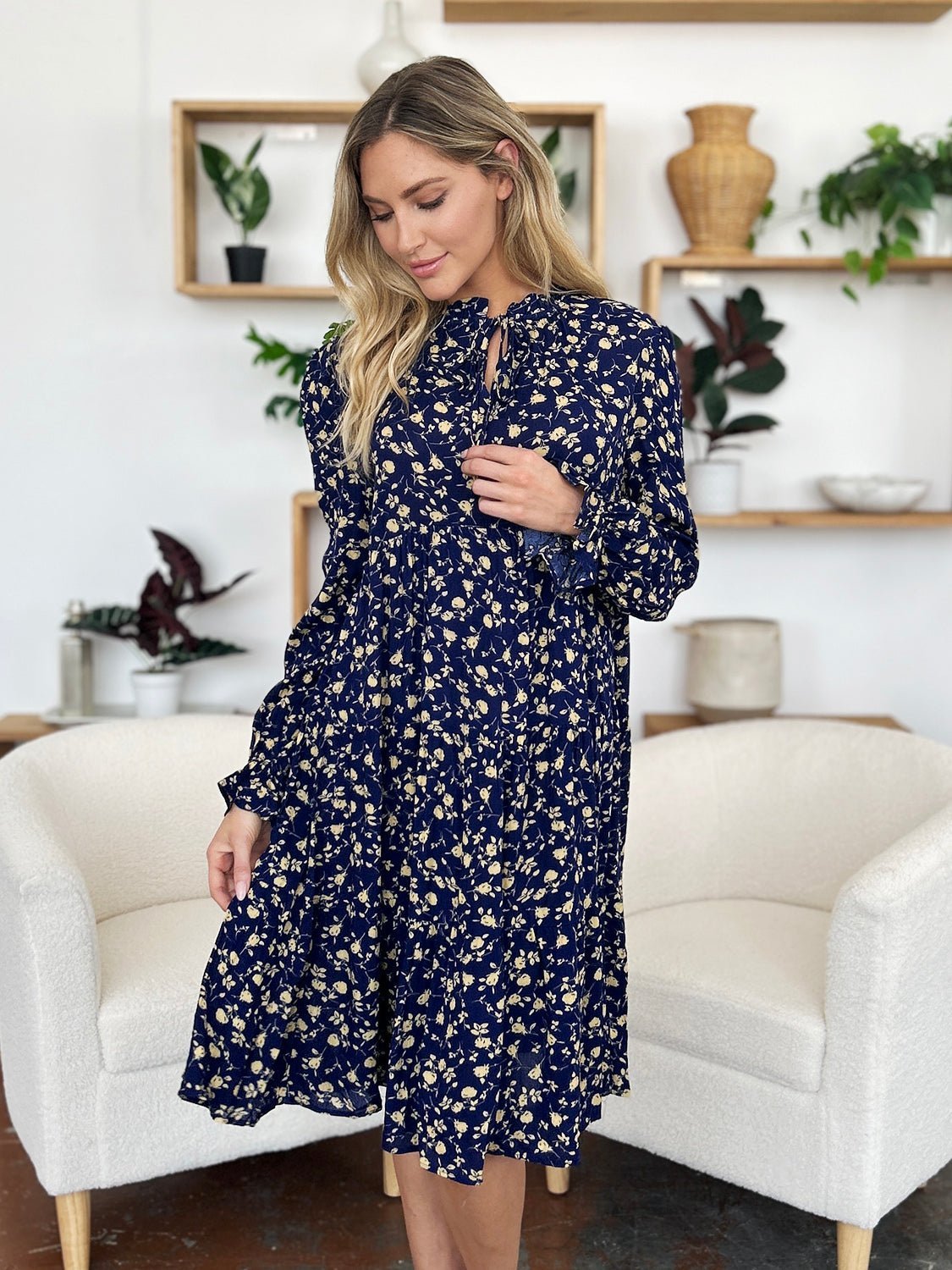 Double Take Full Size Printed Ruffle Hem Long Sleeve Dress - Jaazi Intl