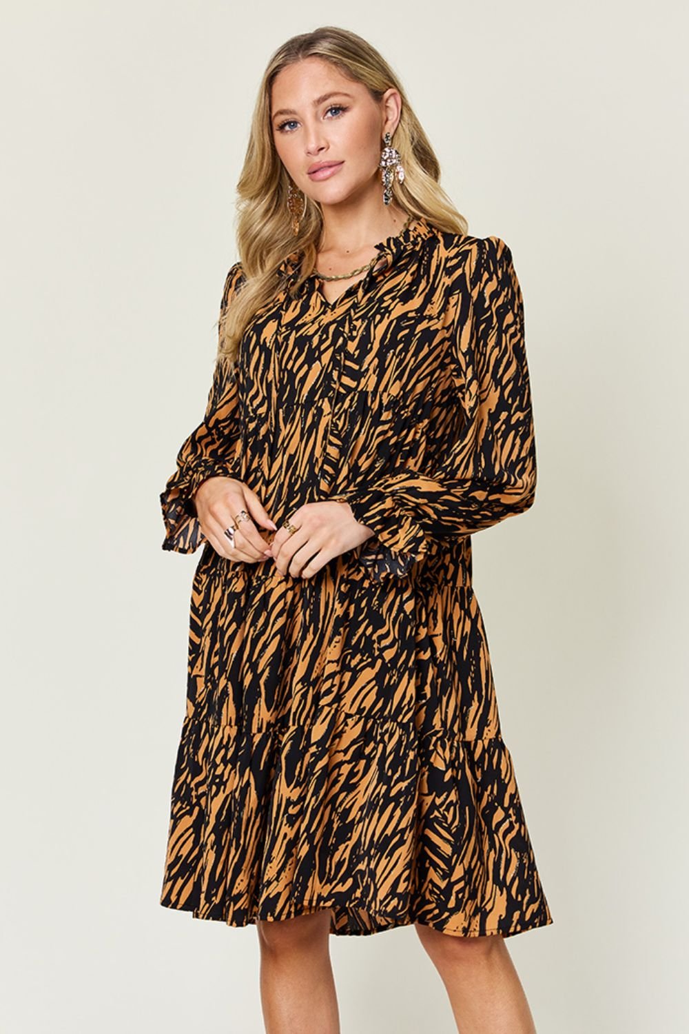 Double Take Full Size Printed Ruffle Hem Long Sleeve Dress - Jaazi Intl