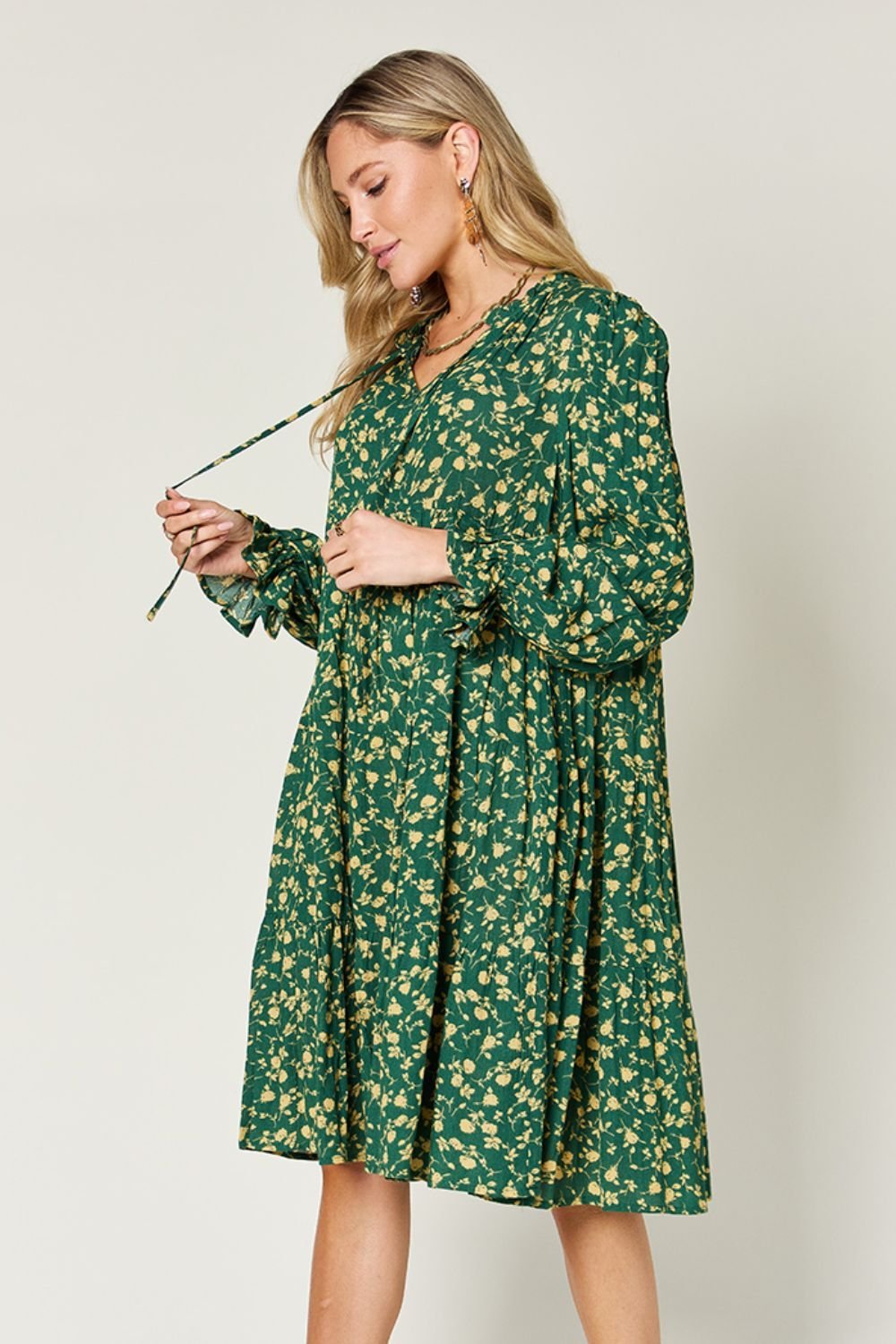 Double Take Full Size Printed Ruffle Hem Long Sleeve Dress - Jaazi Intl