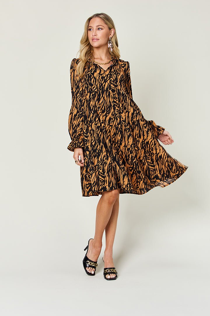 Double Take Full Size Printed Ruffle Hem Long Sleeve Dress - Jaazi Intl