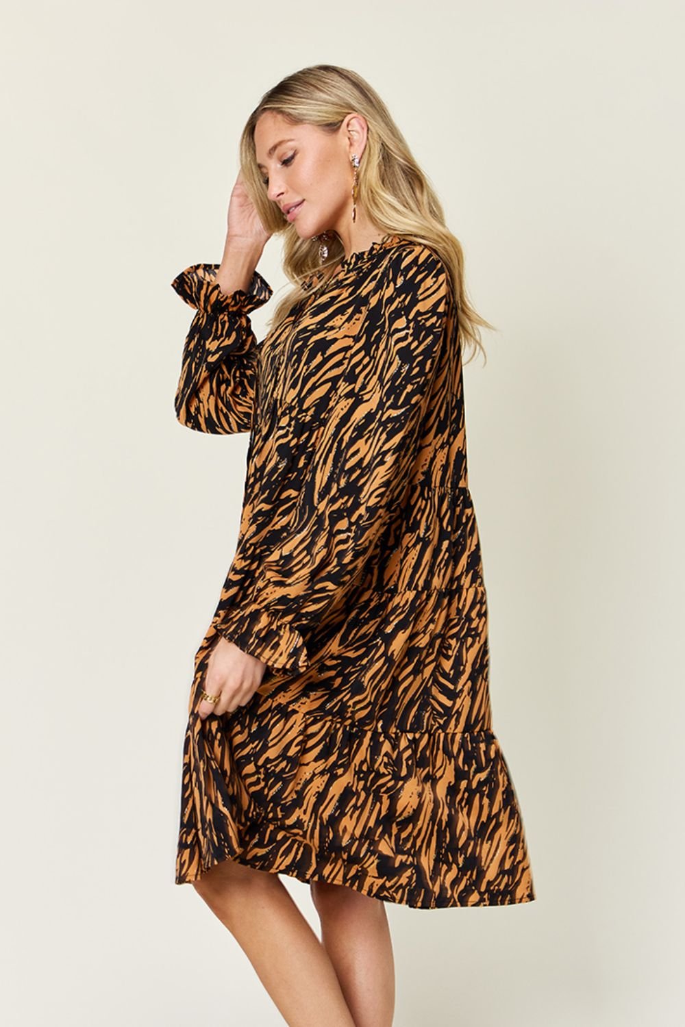 Double Take Full Size Printed Ruffle Hem Long Sleeve Dress - Jaazi Intl