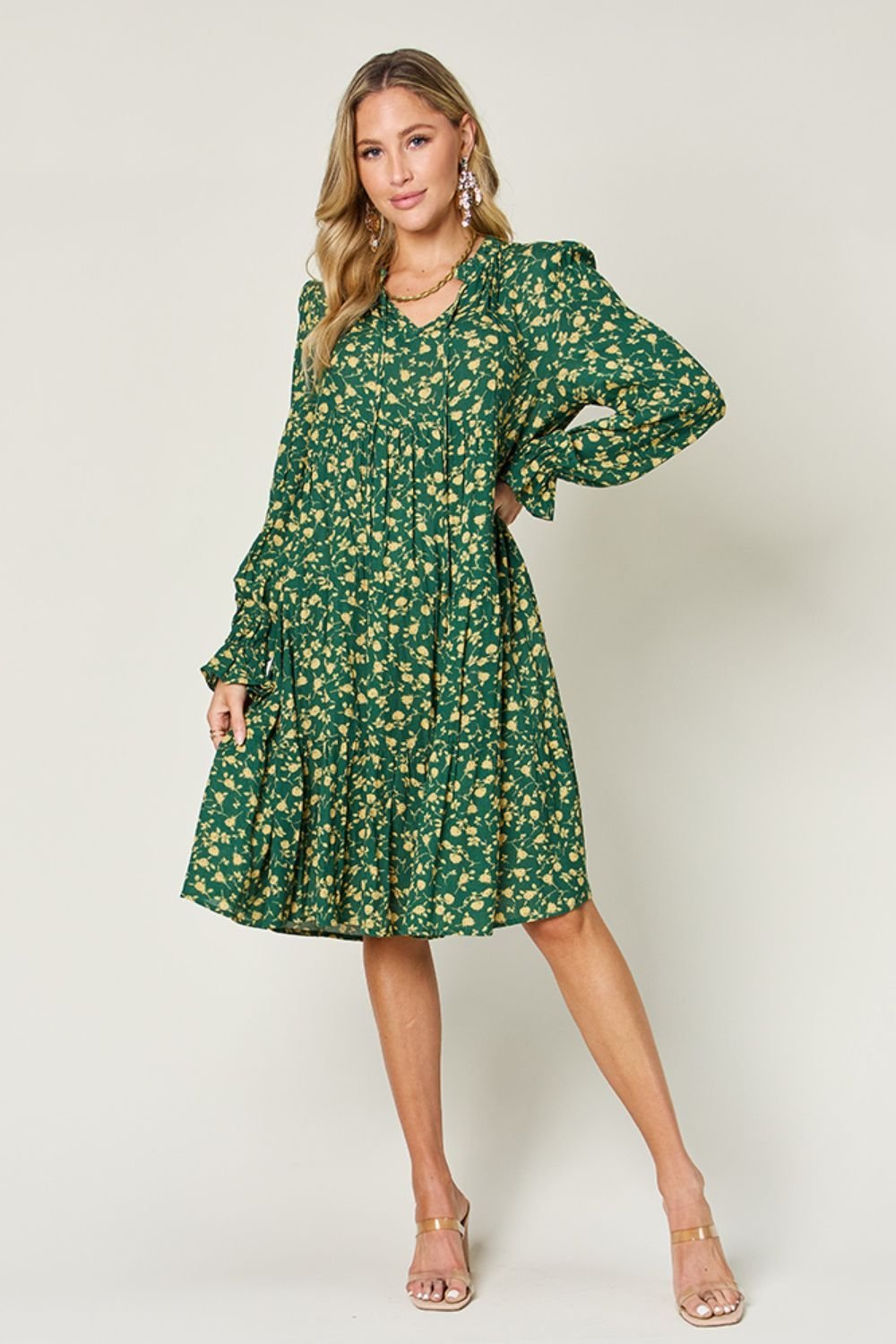 Double Take Full Size Printed Ruffle Hem Long Sleeve Dress - Jaazi Intl