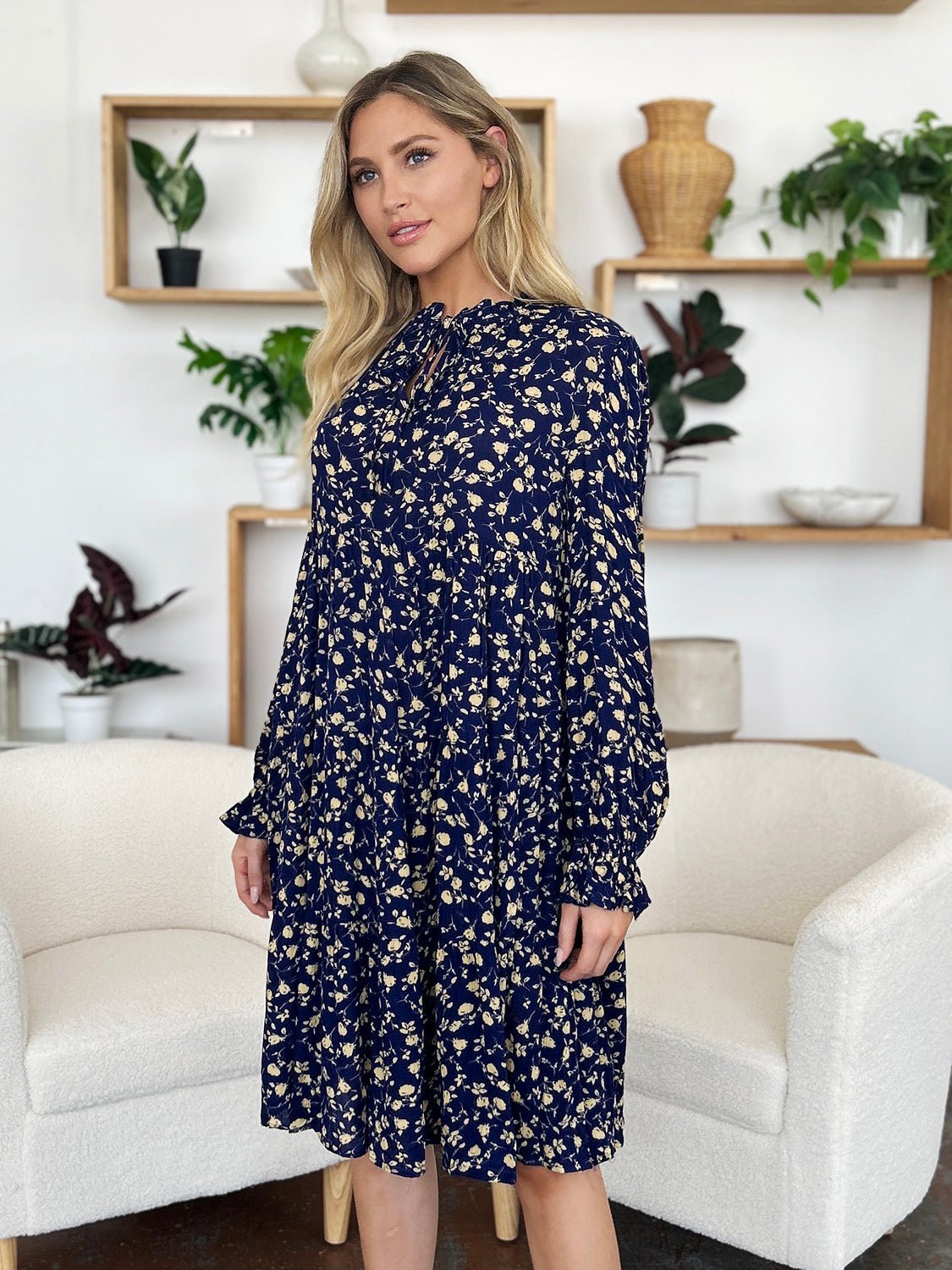 Double Take Full Size Printed Ruffle Hem Long Sleeve Dress - Jaazi Intl