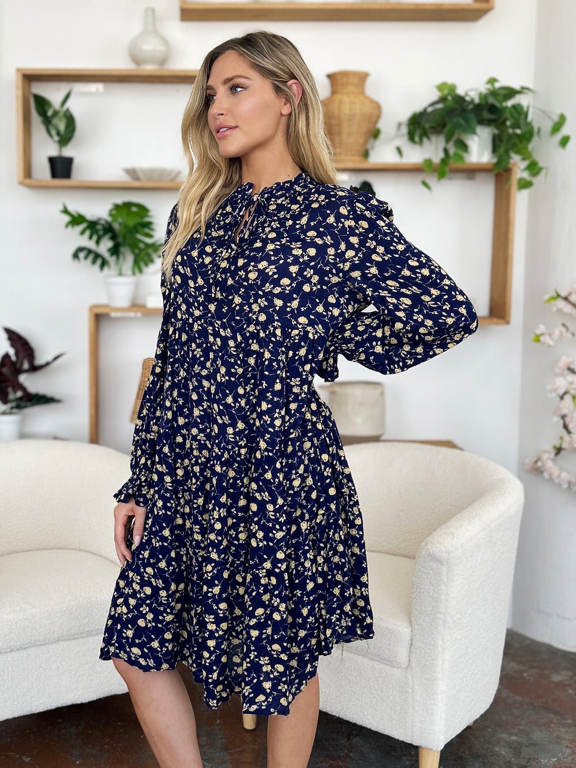 Double Take Full Size Printed Ruffle Hem Long Sleeve Dress - Jaazi Intl