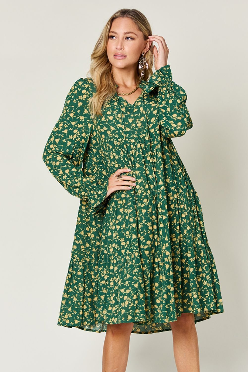 Double Take Full Size Printed Ruffle Hem Long Sleeve Dress - Jaazi Intl